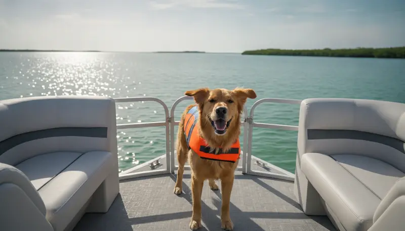 Dog in a life jacket aboard a pontoon boat near Fort De Soto Park in Pinellas County, Florida with Tampa Bay Pontoon Rentals