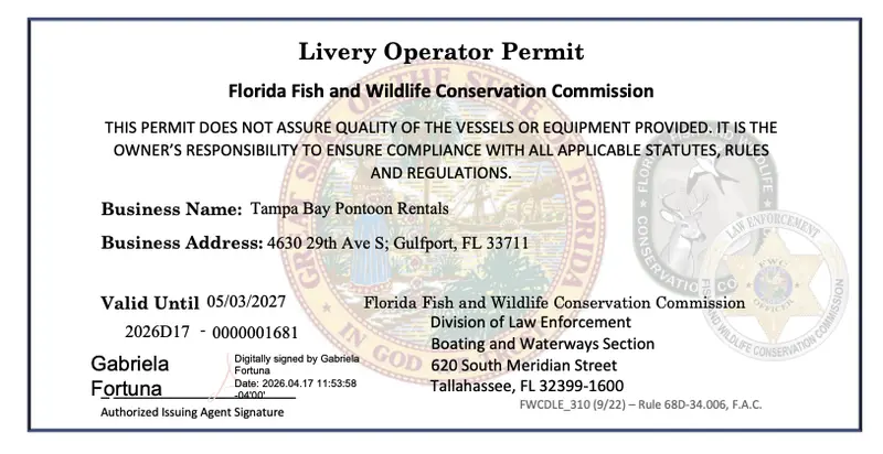 Florida Fish and Wildlife Conservation Commission Livery Compliance permit issued to Tampa Bay Pontoon Rentals