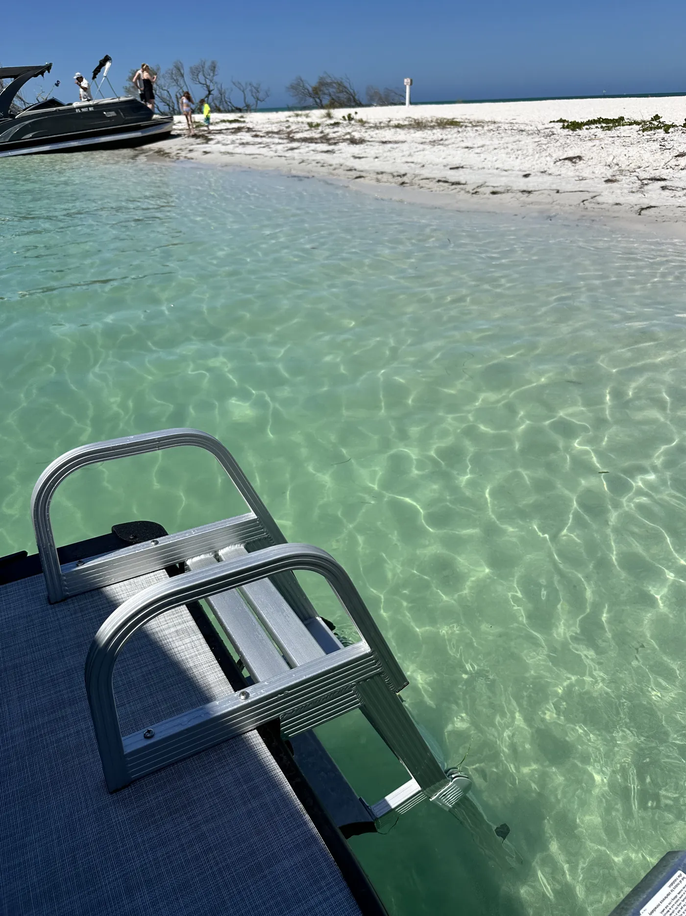 The pontoon boarding ladder lowered into clear shallow water beside a sandbar